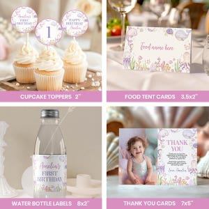 May include: A collection of party stationery featuring an underwater theme with illustrations of dolphins, whales, and jellyfish. Includes 2-inch cupcake toppers, 3.5x2-inch food tent cards, 8x2-inch water bottle labels, and 7x5-inch thank you cards.