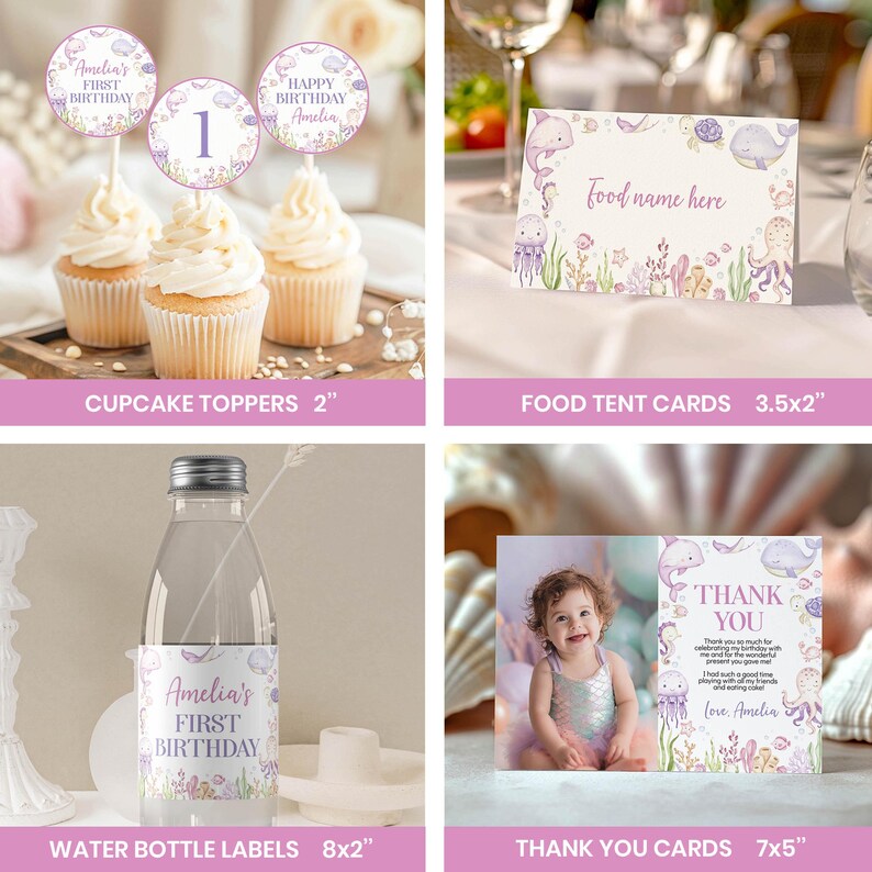 May include: A collection of party stationery featuring an underwater theme with illustrations of dolphins, whales, and jellyfish. Includes 2-inch cupcake toppers, 3.5x2-inch food tent cards, 8x2-inch water bottle labels, and 7x5-inch thank you cards.