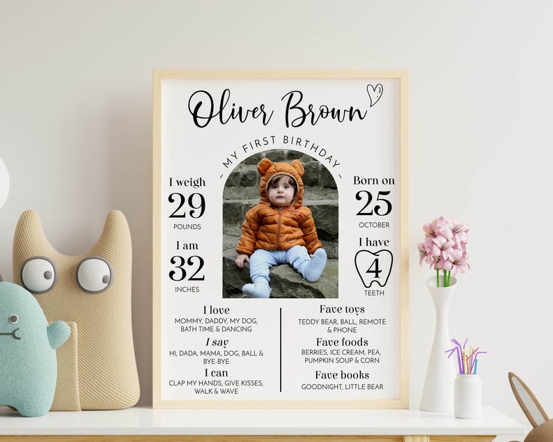 EDITABLE First Birthday Milestone Sign, Modern 1st Birthday Milestone Poster, One Year Of Baby Photo Milestone Board, Instant Download. M004 image 5