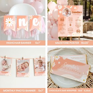 K&ouml;nnte beinhalten: Party-Dekorationen mit G&auml;nsebl&uuml;mchen-Motiv. Enth&auml;lt ein Hochstuhl-Banner, eine Meilenstein-Poster, ein monatliches Fotobanner und eine Schokoriegel-Verpackung. Das Farbschema ist Pfirsich und Wei&szlig;. Das Poster ist 40.6cm x 50.8cm.