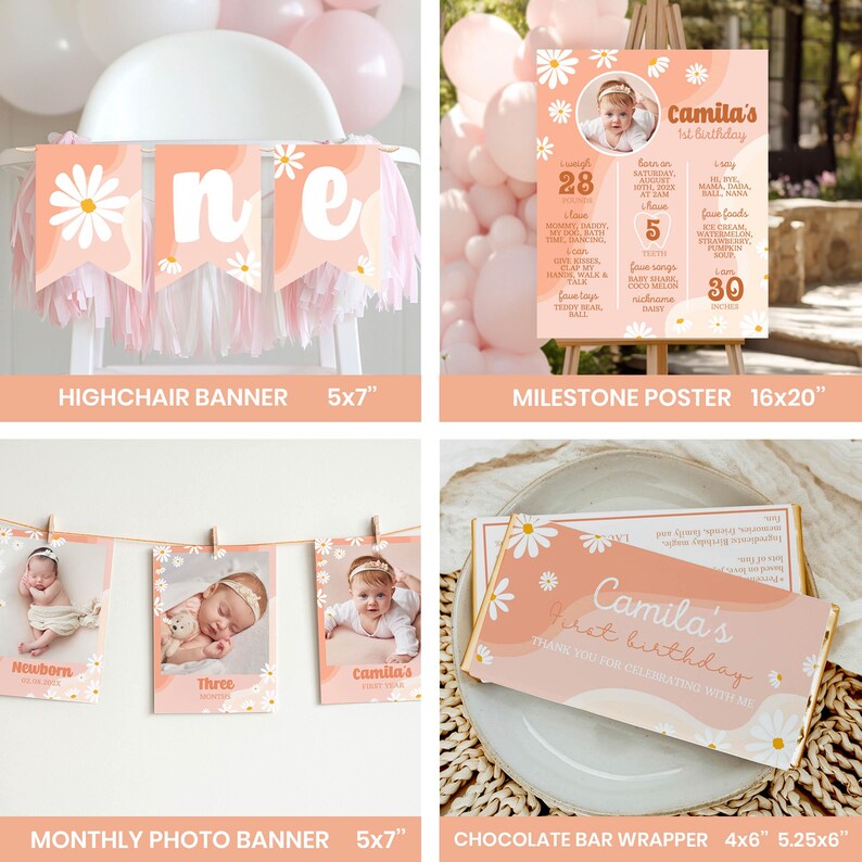 K&ouml;nnte beinhalten: Party-Dekorationen mit G&auml;nsebl&uuml;mchen-Motiv. Enth&auml;lt ein Hochstuhl-Banner, eine Meilenstein-Poster, ein monatliches Fotobanner und eine Schokoriegel-Verpackung. Das Farbschema ist Pfirsich und Wei&szlig;. Das Poster ist 40.6cm x 50.8cm.