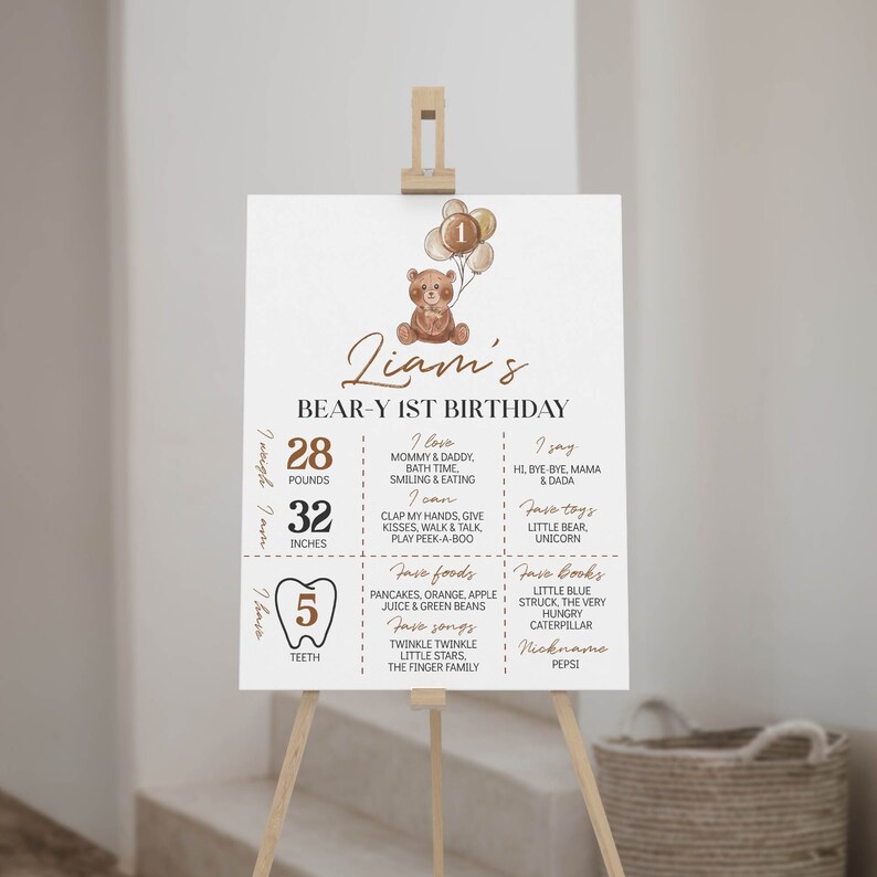 Puede incluir: Un cartel de cumplea&ntilde;os blanco para el primer a&ntilde;o de Liam con un oso de peluche marr&oacute;n y globos, que enumera 28 libras, 32 pulgadas, 5 dientes y varios detalles personales sobre comidas, canciones, libros favoritos y hitos del desarrollo.