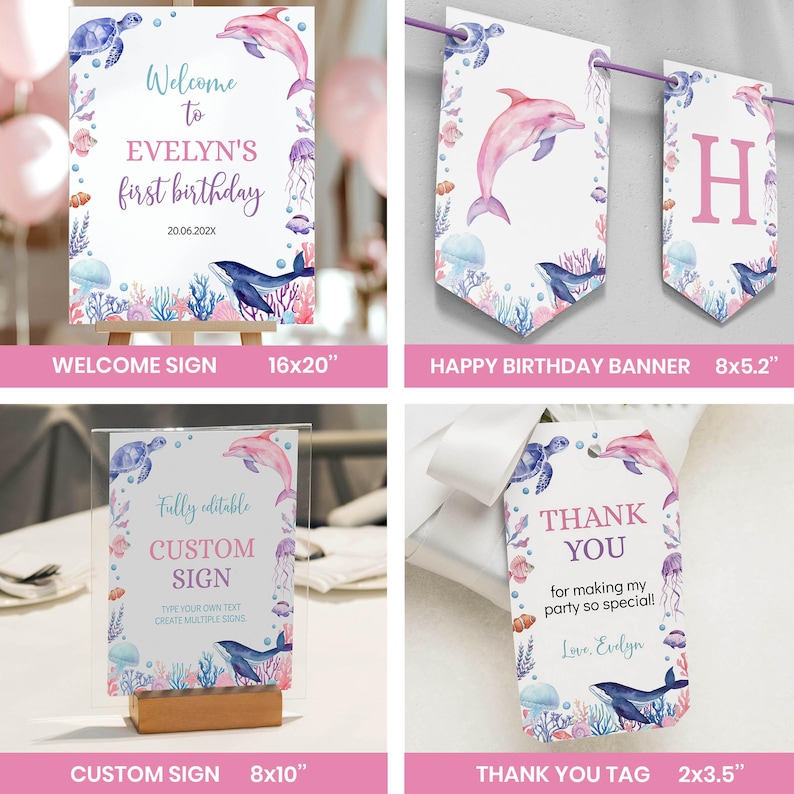 Editable Under The Sea Birthday Invitation Bundle, Ocean 1st Birthday Party Decor Kit, Oneder The Sea 1st Birthday Package, Printable. O004 image 5
