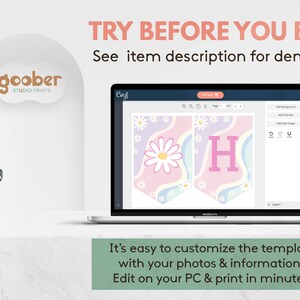 May include: A laptop screen displaying a digital banner template with a pastel wavy background, white daisies, and the letter H. Text on the screen includes TRY BEFORE YOU BUY! See item description for demo link and It&rsquo;s easy to customize the template with your photos & information. Edit on your PC & print in minutes.