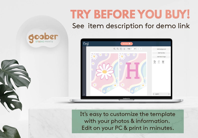 May include: A laptop screen displaying a digital banner template with a pastel wavy background, white daisies, and the letter H. Text on the screen includes TRY BEFORE YOU BUY! See item description for demo link and It&rsquo;s easy to customize the template with your photos & information. Edit on your PC & print in minutes.