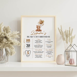 Puede incluir: Un cartel de cumplea&ntilde;os enmarcado con un oso de peluche en acuarela que sostiene globos con el n&uacute;mero uno. El texto dice Liam's BEAR-Y 1ST BIRTHDAY, enumerando 28 pounds, 32 inches, 5 dientes y varios favoritos personales en marr&oacute;n y negro.