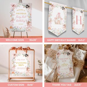 May include: A collection of party decorations with a fairy theme. Includes a welcome sign (16x20 inches), a happy birthday banner (8x5.2 inches), a custom sign (8x10 inches), and thank you tags (2x3.5 inches). The decorations feature floral and fairy illustrations.