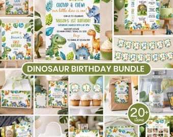 Könnte beinhalten: Ein Dinosaurier-Geburtstagsparty-Set mit verschiedenen Druckartikeln wie Einladungen, Schildern, Cupcake-Toppern, Bannern und Geschenkanhängern. Jedes Teil zeigt bunte Illustrationen von Dinosauriern und tropischen Blättern mit Text für eine erste Geburtstagsfeier.