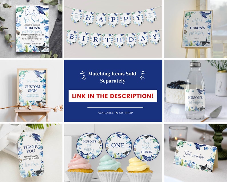 May include: A set of printable party decorations for a first birthday with an under the sea theme. The decorations include a welcome sign, a banner, cupcake toppers, water bottle labels, and thank you tags. The decorations feature a watercolor design with blue, green, and white colors. The text on the decorations includes "Under the Sea", "Huson's First Birthday", "Happy Birthday Huson", and "One".