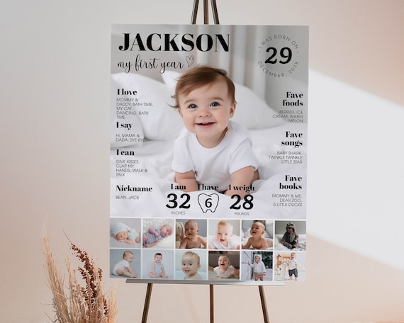 EDITABLE Baby First Year Milestone Sign, Modern 1st Birthday Milestone Poster, One Year Photo Baby Milestone Board, Printable Template. MI01