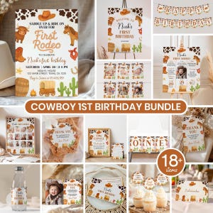 My First Rodeo Birthday Bundle, Cowboy 1st Birthday Invitation Kit, Wild West Birthday Party Decorations Set, Editable Templates