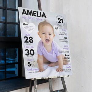 May include: A pink and white printable poster with a photo of a baby girl. The poster says "Amelia, my first year" and includes details about the baby's age, height, weight, and favorite things.