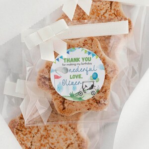 May include: Star-shaped cookies packaged in clear plastic bags with white ribbon bows. Each bag features a round sticker with a golf cart illustration, blue balloons, and text that reads: THANK YOU for making my birthday onederful LOVE, Oliver.