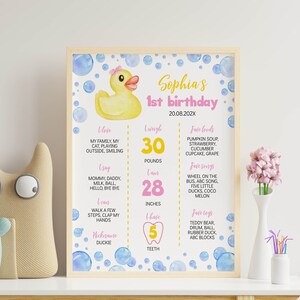 May include: A framed birthday milestone poster featuring a yellow rubber duck with a pink bow, blue watercolor bubbles, and text including Sophia's 1st birthday, 30 pounds, 28 inches, and 5 teeth, along with lists of favorite foods, songs, and toys.
