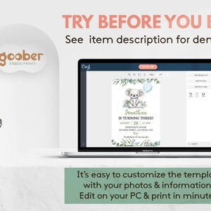 May include: A laptop screen displaying a digital birthday invitation template featuring a koala illustration, green foliage, and the text Jonathan IS TURNING THREE. The screen includes editing tools, and the text TRY BEFORE YOU BUY is visible above.