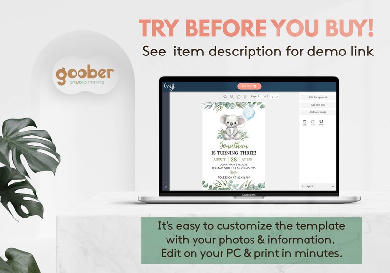 May include: A laptop screen displaying a digital birthday invitation template featuring a koala illustration, green foliage, and the text Jonathan IS TURNING THREE. The screen includes editing tools, and the text TRY BEFORE YOU BUY is visible above.