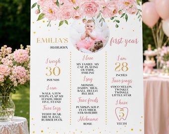 Bewerkbaar fotobord voor de eerste verjaardag, mijlpaalposter voor een bijzonder jarig meisje, krijtbord voor de verjaardag van Little Miss Onederful. O002