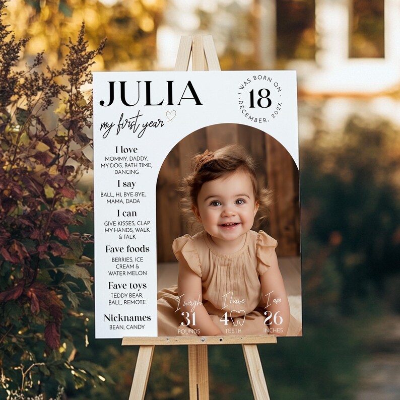 May include: A white milestone board featuring the name Julia, birth date December 18, 202X, and personal details including I love, I say, I can, fave foods, fave toys, and nicknames. It displays a photo of a child and stats: 31 pounds, 4 teeth, 26 inches.
