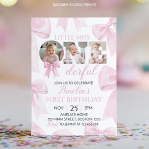 Coquette Pink Bow 1st Birthday Invitation, Little Miss Onederful Invitation, Blush Pink First Birthday Photo Invite, Printable Template. image 4