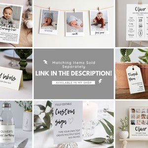 May include: A set of printable first birthday party decorations for a baby boy named Oliver. The set includes a birthday invitation, food labels, thank you tags, a custom sign, and a photo collage. The decorations are in a minimalist style with black and white text and illustrations.