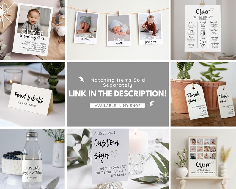 May include: A set of printable first birthday party decorations for a baby boy named Oliver. The set includes a birthday invitation, food labels, thank you tags, a custom sign, and a photo collage. The decorations are in a minimalist style with black and white text and illustrations.