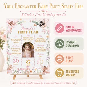 Enchanting Fairy First Birthday Invitation Set for Your Little Girl's Magical Celebration, Printable Template. F023 image 2