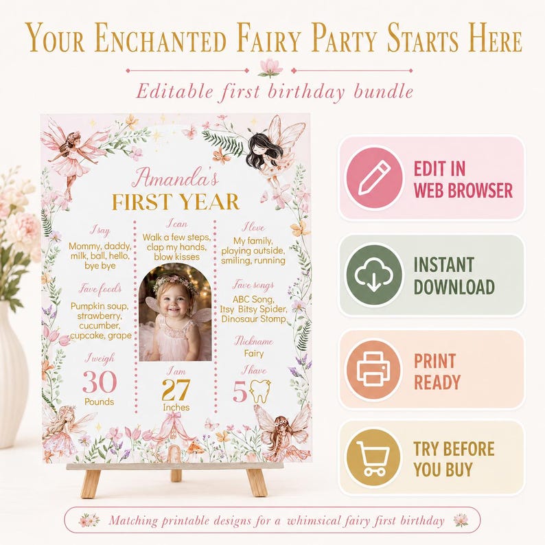 Enchanting Fairy First Birthday Invitation Set for Your Little Girl's Magical Celebration, Printable Template. F023 image 2