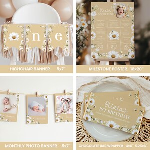 May include: A collection of party decorations with a daisy theme. Includes a highchair banner, milestone poster, monthly photo banner, and chocolate bar wrappers. The color scheme is beige, white, and gold. The text "Olivia, My 1st Year" is visible on the poster and wrappers.