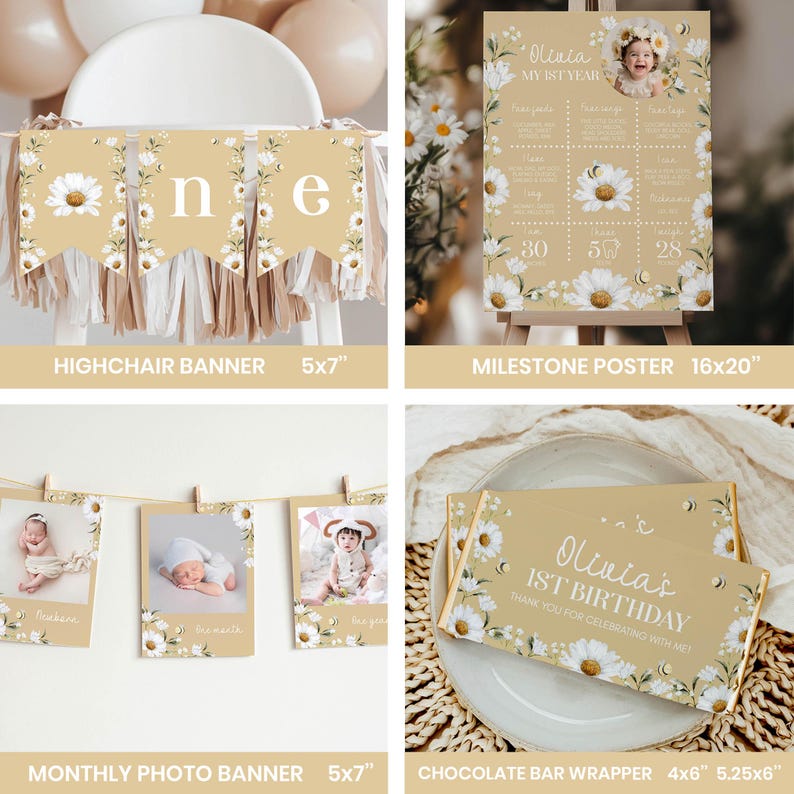 May include: A collection of party decorations with a daisy theme. Includes a highchair banner, milestone poster, monthly photo banner, and chocolate bar wrappers. The color scheme is beige, white, and gold. The text "Olivia, My 1st Year" is visible on the poster and wrappers.