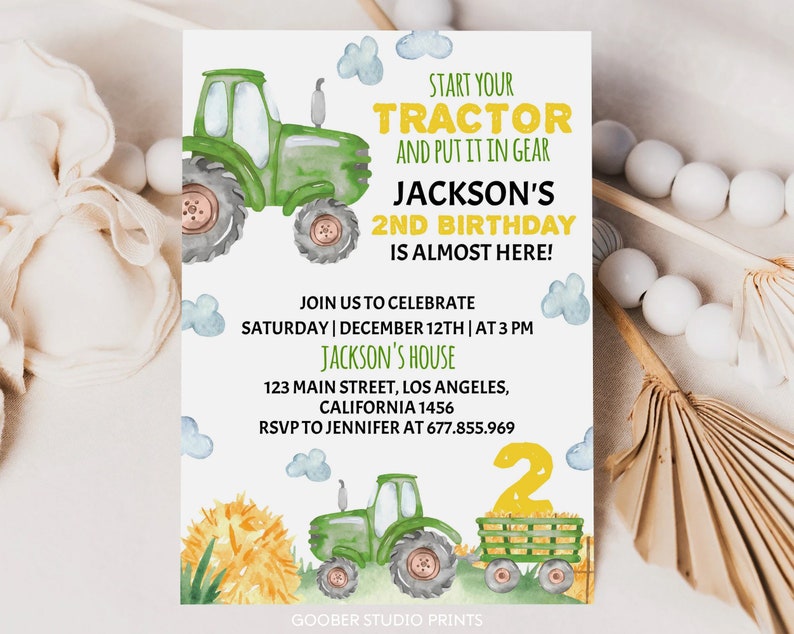 May include: A green tractor with a yellow number 2 on the side. The tractor is on a green field with yellow flowers. The text on the invitation reads "Start your tractor and put it in gear Jackson's 2nd birthday is almost here! Join us to celebrate Saturday | December 12th | at 3 PM Jackson's House 123 Main Street, Los Angeles, California 1456 RSVP to Jennifer at 677.855.969"