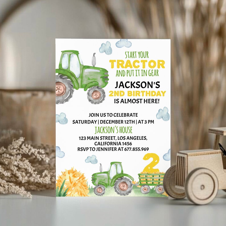 May include: A green and yellow tractor birthday invitation with a watercolor design. The invitation says "Start your tractor and put it in gear. Jackson's 2nd birthday is almost here!"  Join us to celebrate Saturday, December 12th at 3 PM at Jackson's House, 123 Main Street, Los Angeles, California 1456. RSVP to Jennifer at 677.855.969.