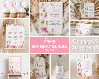 Bearbeitbares Fee 1. Geburtstagseinladungspaket, Prinzessin Fee Geburtstagskit, Mädchen 1. Geburtstag Blumenpaket, Sofort Download. F019