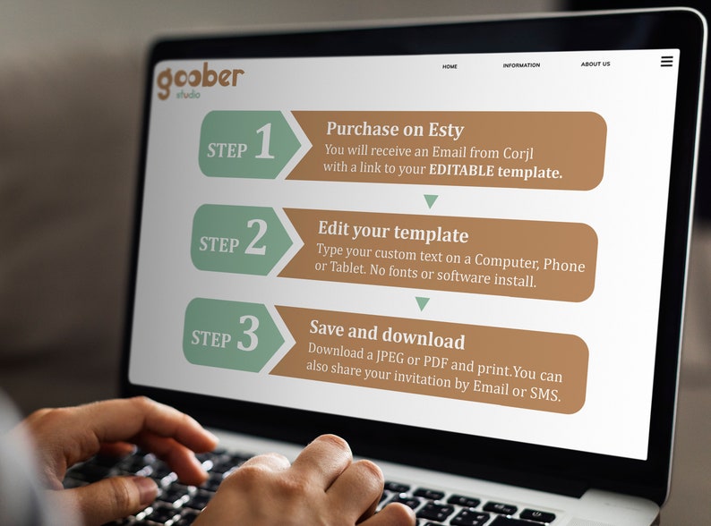 May include: A laptop screen displays instructions for purchasing and editing a template from Etsy. The steps are numbered and include purchasing, editing, and saving the design. The website logo is "goober studio".