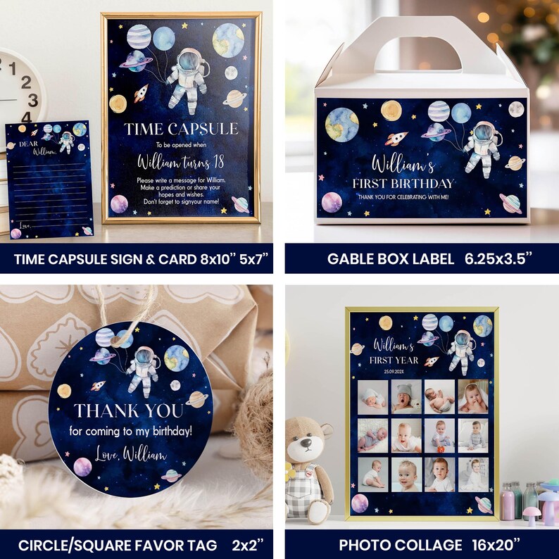Pu&ograve; includere: Un set di articoli per feste a tema spaziale con astronauta, pianeti e stelle su sfondo blu scuro. Include un cartello per capsula del tempo 20x25 cm, una carta 13x18 cm, un'etichetta 16x9 cm, un tag 5x5 cm e un collage fotografico 41x51 cm.