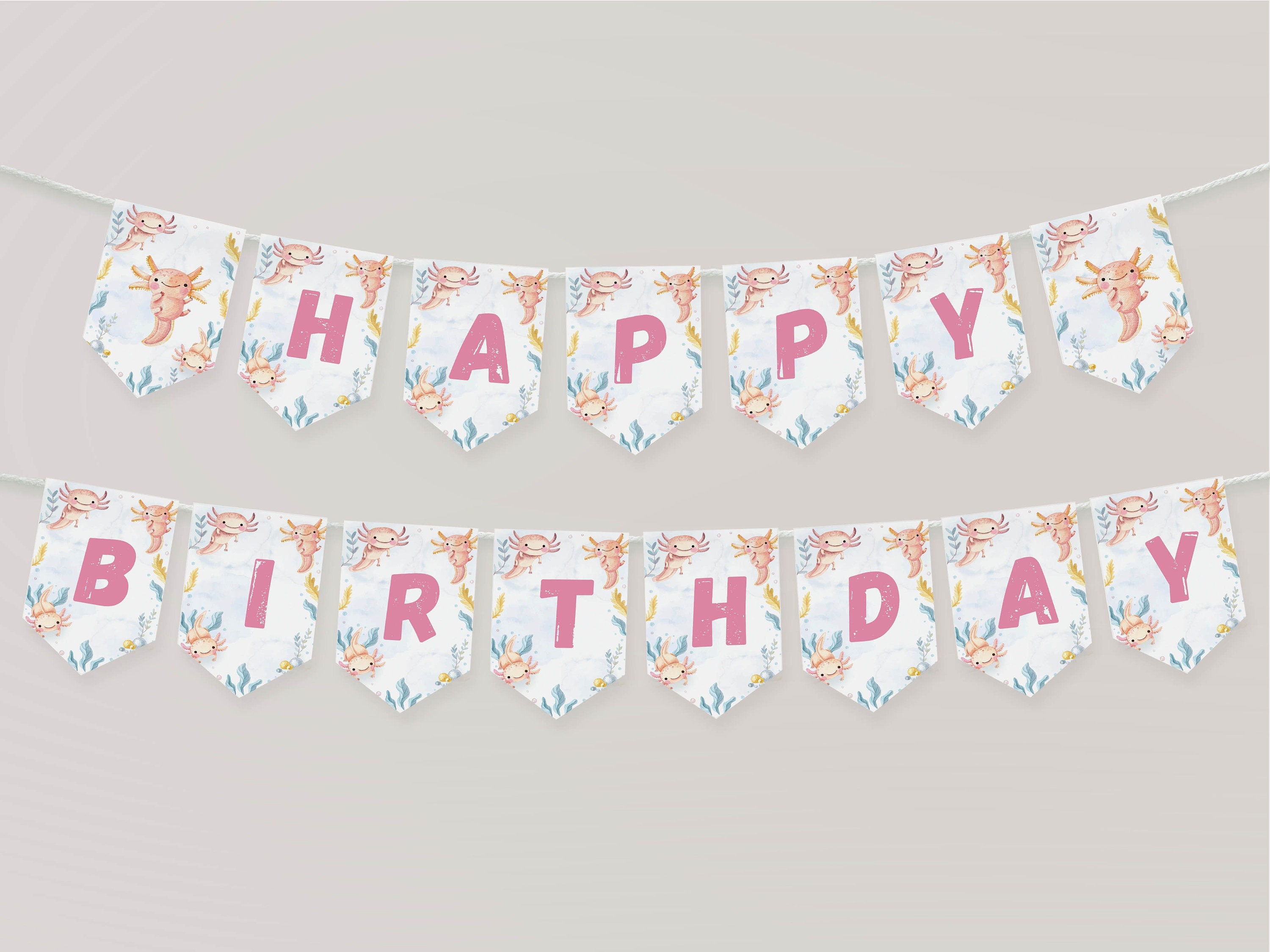 Editable Axolotl Birthday Banner, Pink Girl Axolotls Birthday Banner, Happy Birthday Banner, Axolotls Party Decor, Printable Template. A009