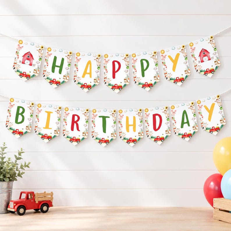 May include: A decorative banner featuring the text HAPPY BIRTHDAY in colourful letters on white pennants. Each pennant displays illustrations of farm animals, red trucks, sunflowers, and barns. The banner is strung on a white cord.