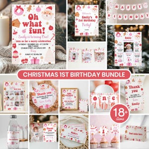 May include: A Christmas 1st birthday party bundle featuring 18 items including invitations, banners, milestone boards, thank you tags, and cupcake toppers. The designs feature red and pink holiday graphics like Santa, gingerbread, and ornaments.