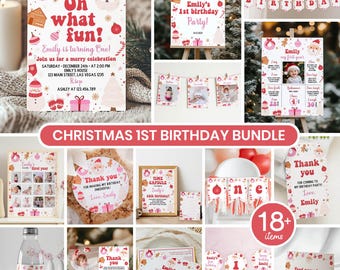 Weihnachts-Set zum 1. Geburtstag | Partydeko „Wie schön, ein Jahr alt zu sein“ | Winterliche Vorlagen für den ersten Geburtstag | Sofort-Download. HC02