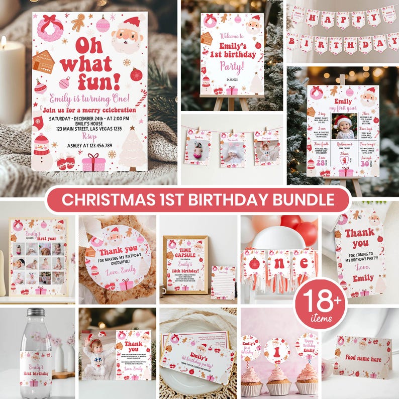 May include: A Christmas 1st birthday party bundle featuring 18 items including invitations, banners, milestone boards, thank you tags, and cupcake toppers. The designs feature red and pink holiday graphics like Santa, gingerbread, and ornaments.
