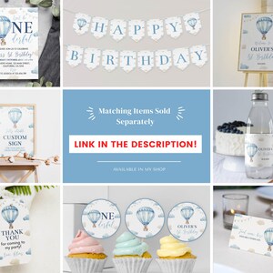 Pode incluir: Um conjunto de artigos de festa com um motivo de bal&atilde;o de ar quente azul e nuvens, incluindo um convite, uma faixa, um sinal de boas-vindas, um r&oacute;tulo de garrafa, uma etiqueta de agradecimento, topos de cupcake e um cart&atilde;o de lugar.
