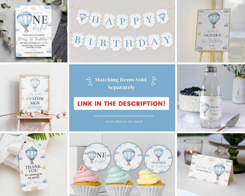 Pode incluir: Um conjunto de artigos de festa com um motivo de bal&atilde;o de ar quente azul e nuvens, incluindo um convite, uma faixa, um sinal de boas-vindas, um r&oacute;tulo de garrafa, uma etiqueta de agradecimento, topos de cupcake e um cart&atilde;o de lugar.