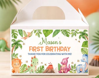 EDITABLE Dinosaur Birthday Party Gable Gift Box Label, Oneasaurus Party Favors Gable Label, Party Decorations, Printable Template. D019