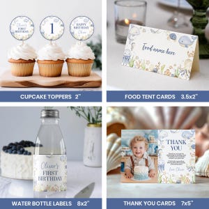 May include: A selection of party supplies with an ocean theme. Includes cupcake toppers, food tent cards, water bottle labels, and thank you cards. The cupcake toppers are 5.08 cm in diameter. The food tent cards are 8.89 x 5.08 cm. The water bottle labels are 20.32 x 5.08 cm. The thank you cards are 17.78 x 12.7 cm.