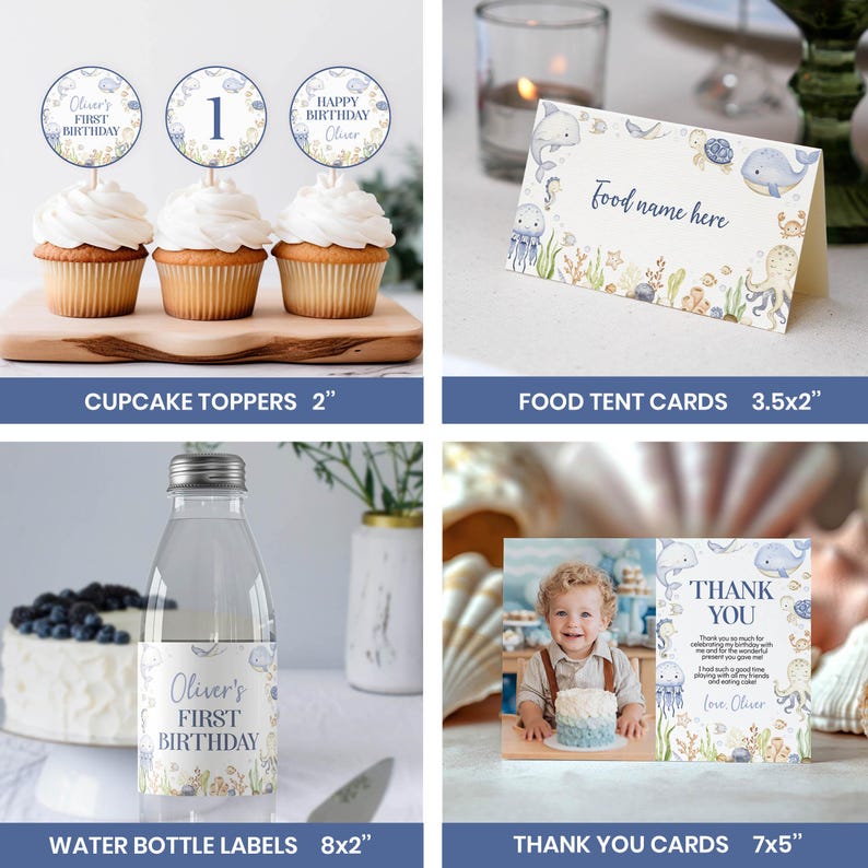May include: A selection of party supplies with an ocean theme. Includes cupcake toppers, food tent cards, water bottle labels, and thank you cards. The cupcake toppers are 5.08 cm in diameter. The food tent cards are 8.89 x 5.08 cm. The water bottle labels are 20.32 x 5.08 cm. The thank you cards are 17.78 x 12.7 cm.
