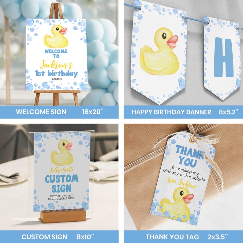 Kit de fête d'anniversaire sur le thème des canards en caoutchouc (1 an), invitation « Un canard porte-bonheur », modèle à imprimer. image 5