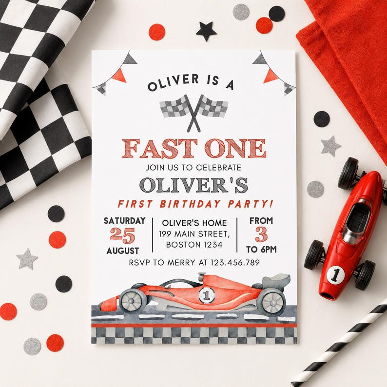 May include: A birthday party invitation with a race car theme. The invitation reads "Oliver is a Fast One" and includes details for the party. A red race car toy and confetti are scattered around the invitation.