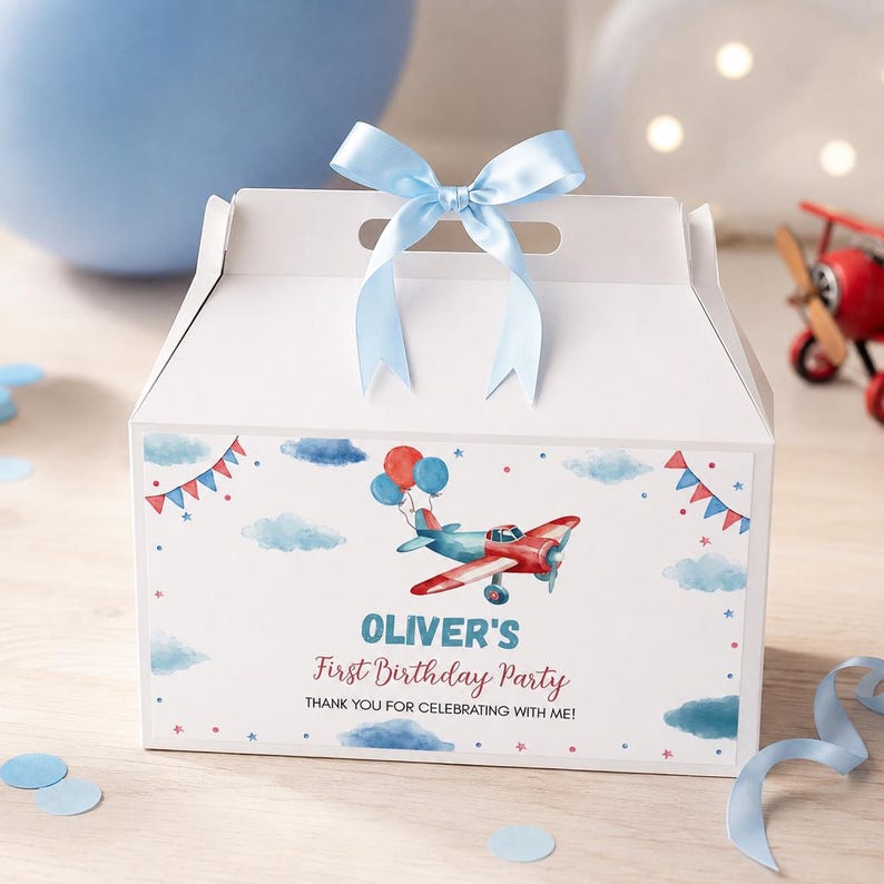 EDITABLE Airplane Birthday Gable Gift Box Label, Vintage Airplane Party Favor Box Labels, Time Flies Birthday Decor, Printable Template A007 image 2