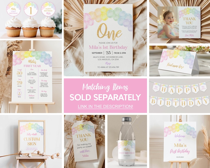 Puede incluir: Un conjunto de decoraciones de fiesta imprimibles para un primer cumplea&ntilde;os. Las decoraciones presentan un fondo de acuarela de arco&iacute;ris con globos pastel y detalles dorados. El conjunto incluye un cartel de bienvenida, una pancarta, adornos para cupcakes, una tarjeta de agradecimiento, una etiqueta para botella de agua, una etiqueta de favor y un cartel para un gr&aacute;fico de hitos del primer a&ntilde;o. El texto en las decoraciones dice "Bienvenido al primer cumplea&ntilde;os de Mila", "Feliz cumplea&ntilde;os", "El primer a&ntilde;o de Mila", "Gracias", "El primer cumplea&ntilde;os de Mila" y "Uno".