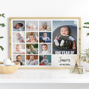 May include: A rectangular gold-framed photo collage featuring twelve smaller square images of a baby and one large rectangular image of the same baby. The text reads ONE YEAR OF James 02.08.202x. The collage displays various candid moments of the infant.