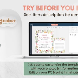 May include: A laptop screen displaying a digital time capsule template with floral borders and text that reads: TRY BEFORE YOU BUY! See item description for demo link. The template includes a sign and a card with lines for writing messages.